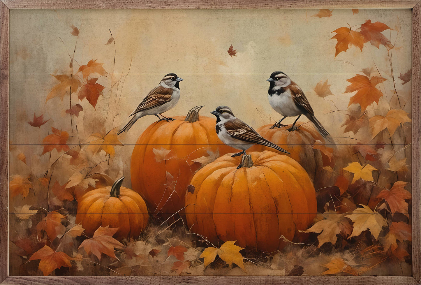 Sparrows On Pumpkins - 16"x10"