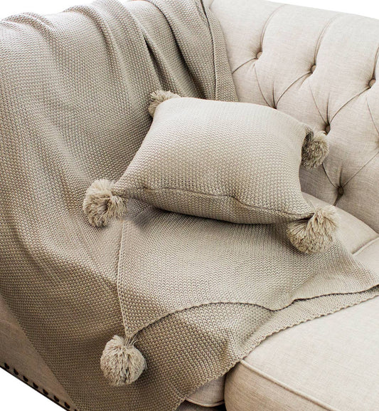 Khaki Chunky Knit Pom Pom Throw Pillow - 16"