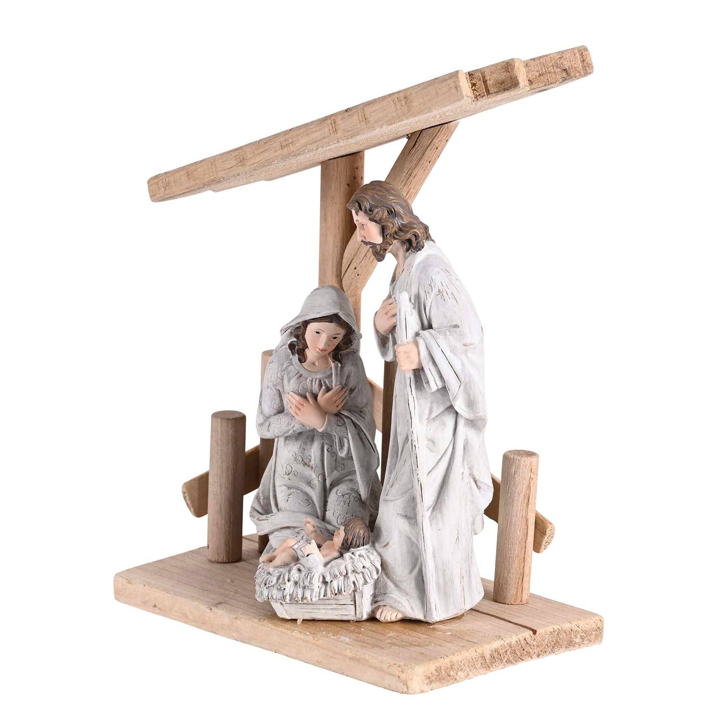 Nativity Holy Family in Wooden Creche - 8"
