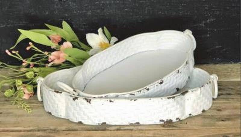 Metal White Wicker-Look Oval Trays w/Ring Handles