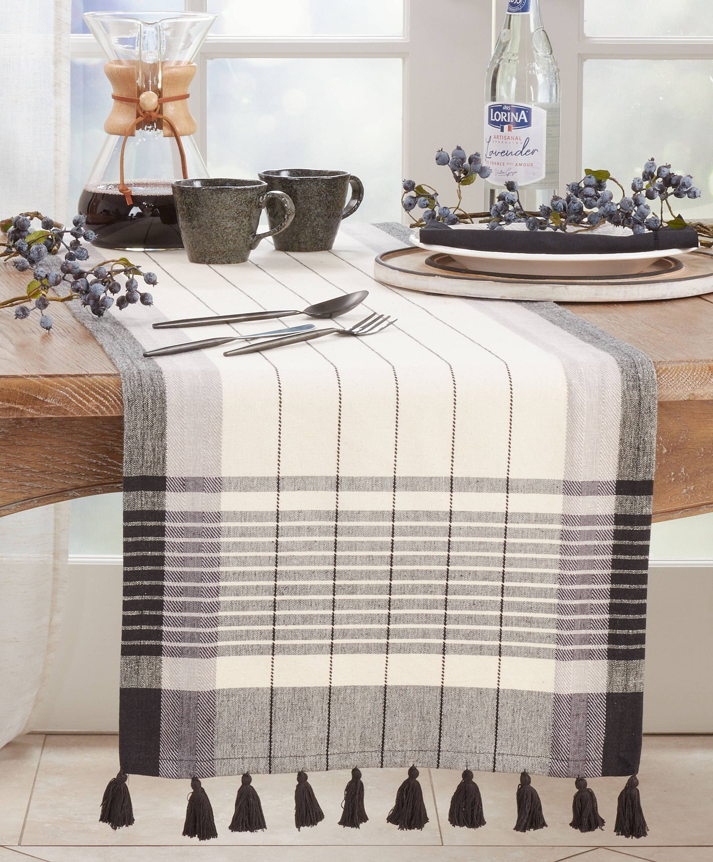 Black & White Striped Tassel Runner - 16"x72"