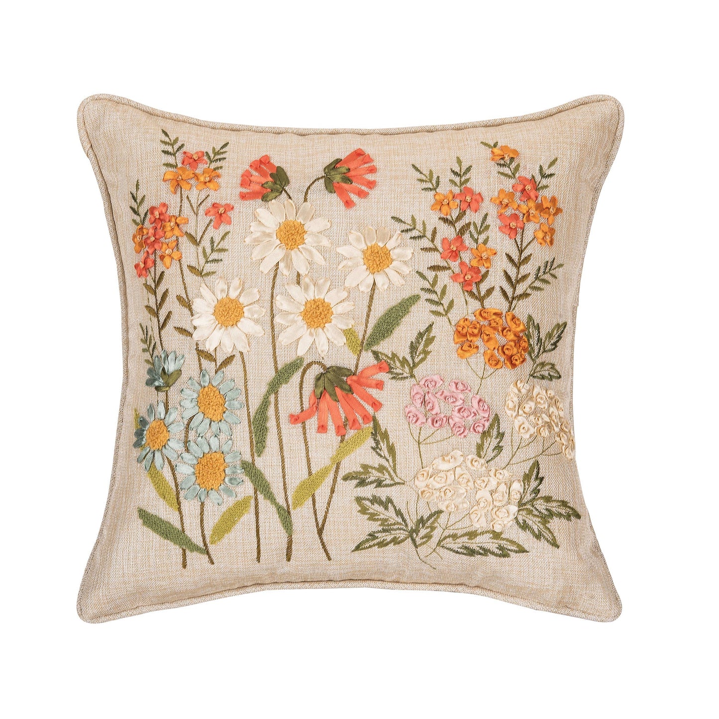 Daisy Garden Floral Ribbon Art Throw Pillow - 16"x16"
