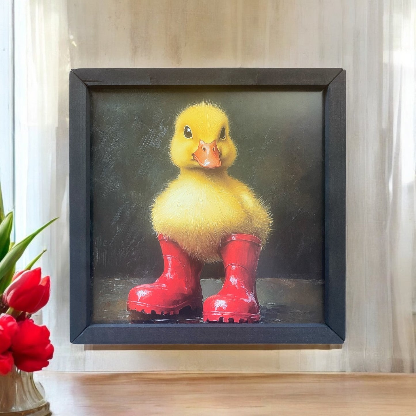 Spring Chick in Red Rainboots Box Frame Art - 12"x12"