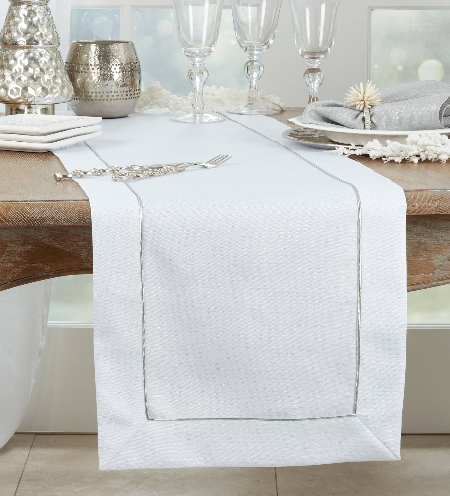 White Shimmering Table Runner with Piping