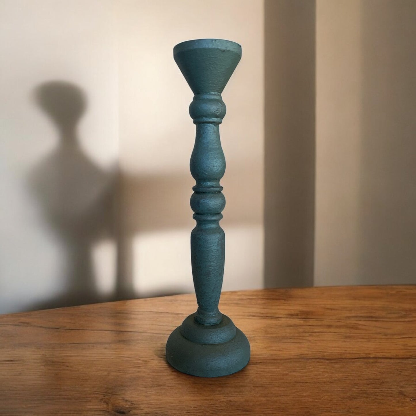 Wooden Teal Taper Candlestick - 9.75"