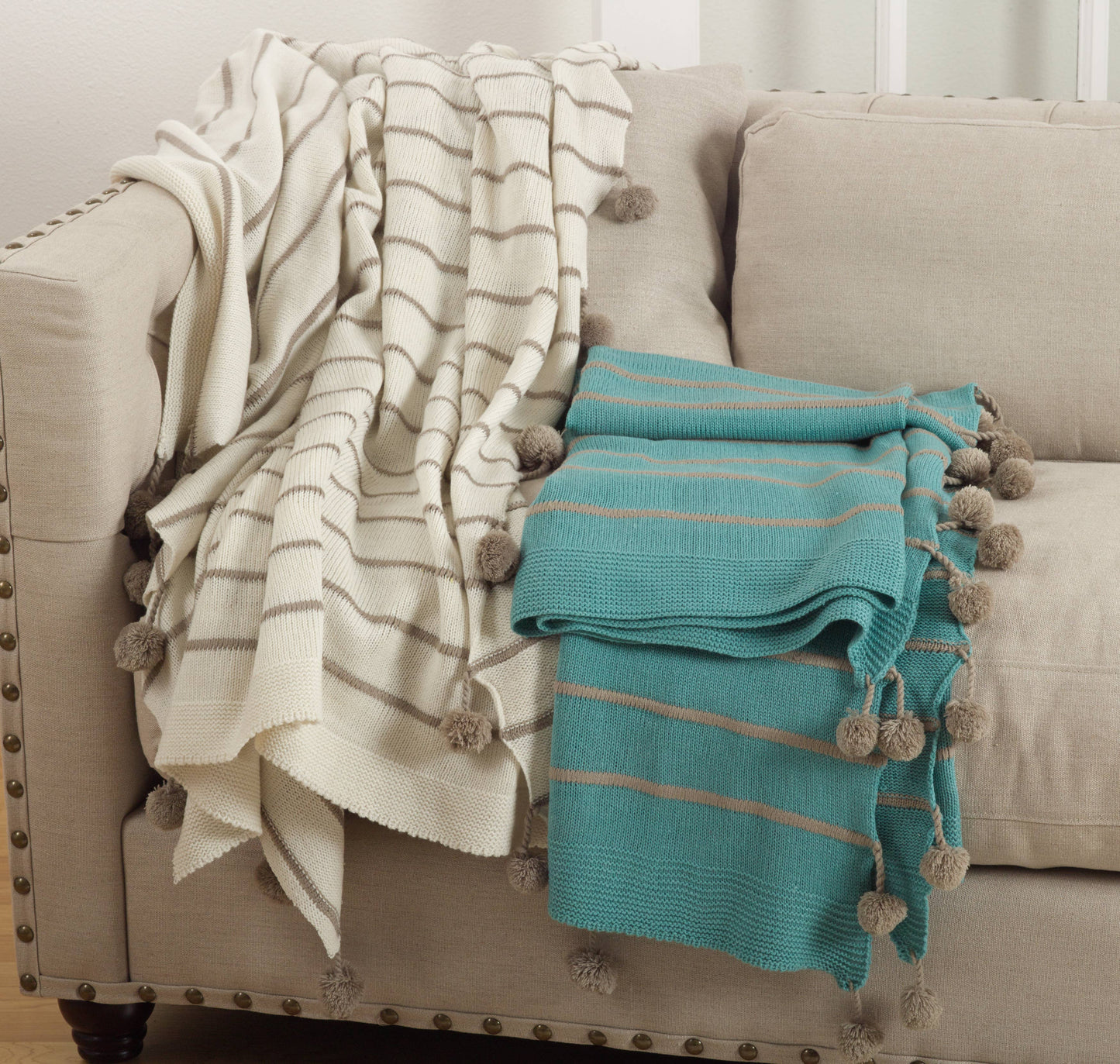 Ivory Pompom Stripe Throw Blanket - 50"x60"