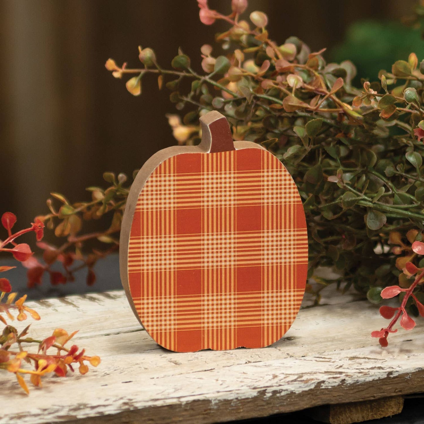 Orange & Cream Plaid Chunky Pumpkin Sitter