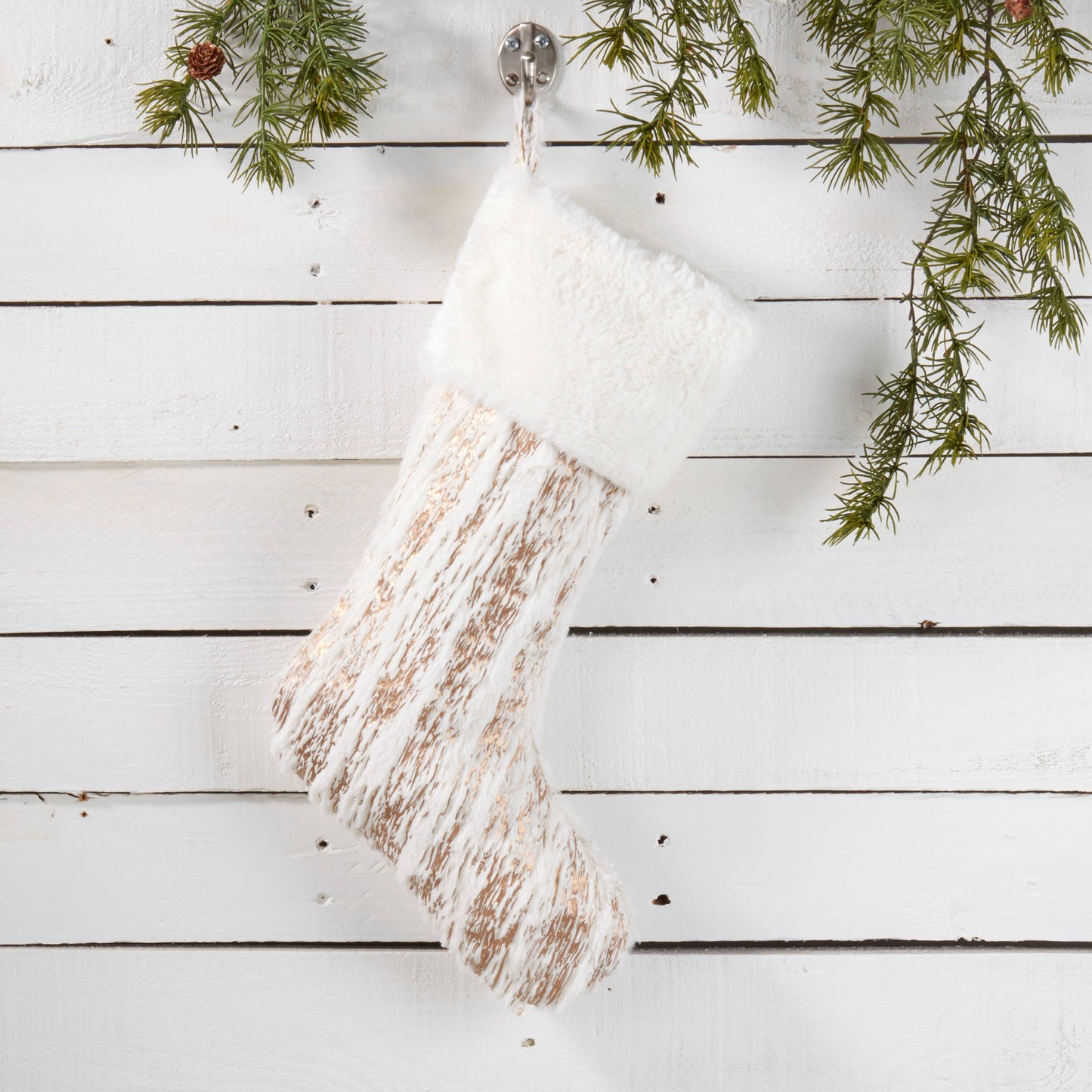 Faux Fur with Brushed Gold Metallic Print Stocking - 13"x19"