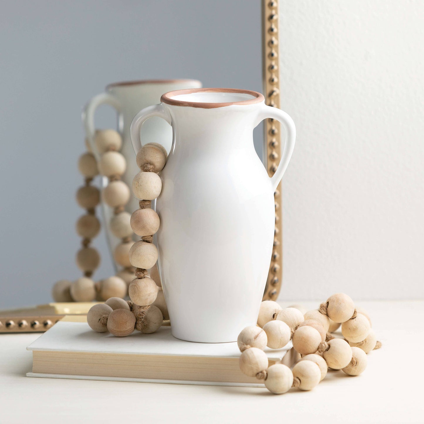 Natural Rimmed White Urn Vase - 8"