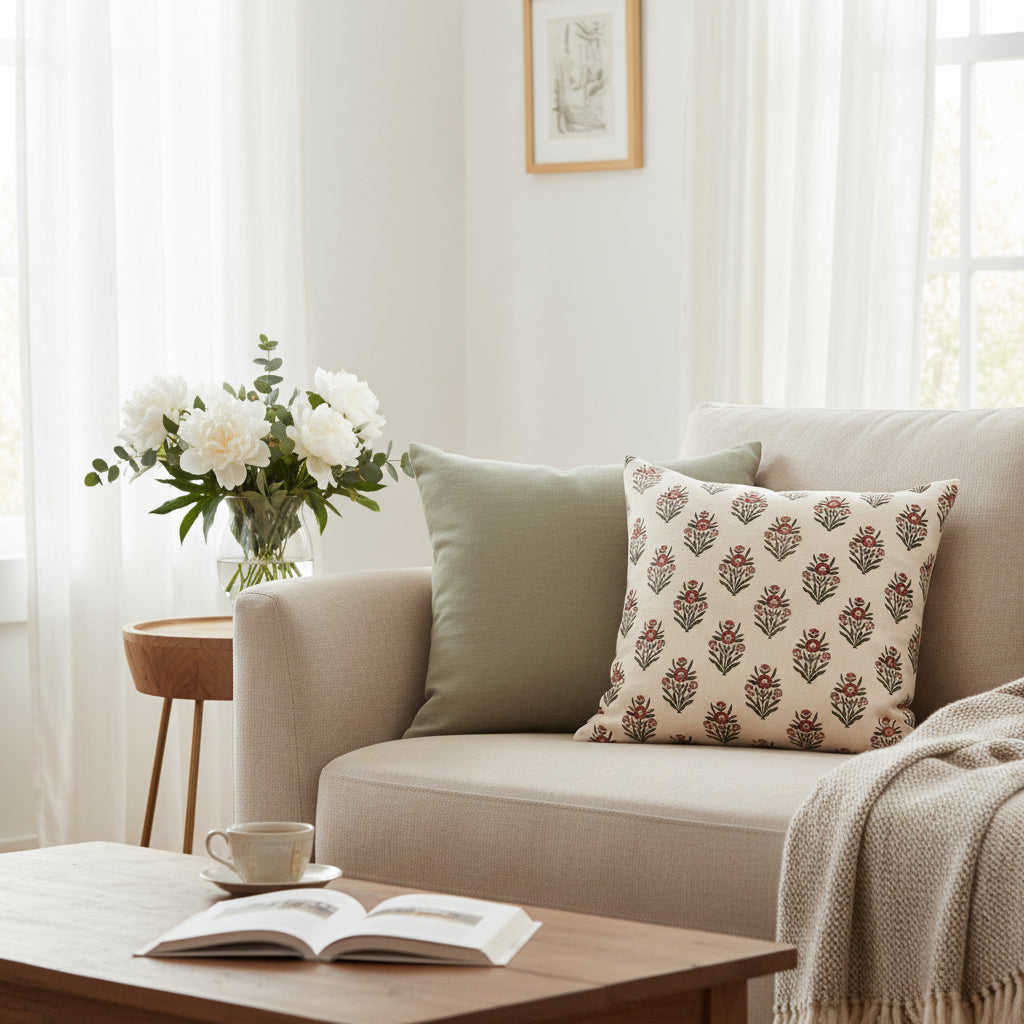 Folk Floral Block Print Pillow - 18"