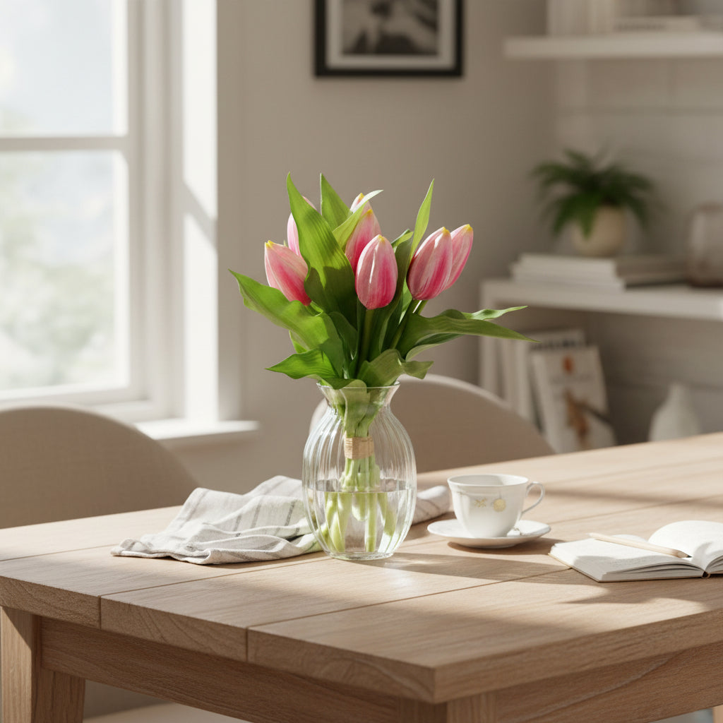 Realistic Pink Tulips, 6 Stems - 12"