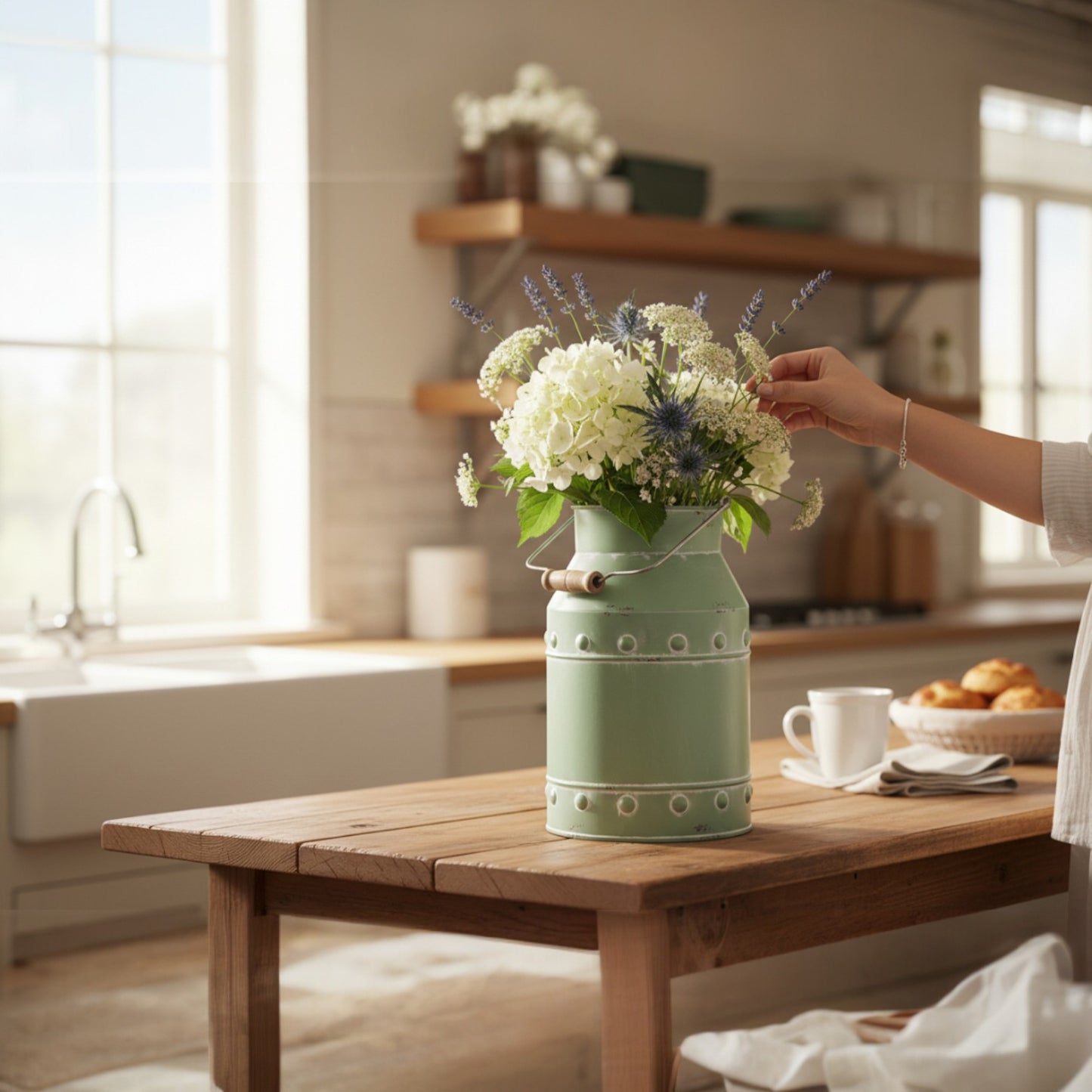 Distressed Beaded Metal Milk Can - 9”