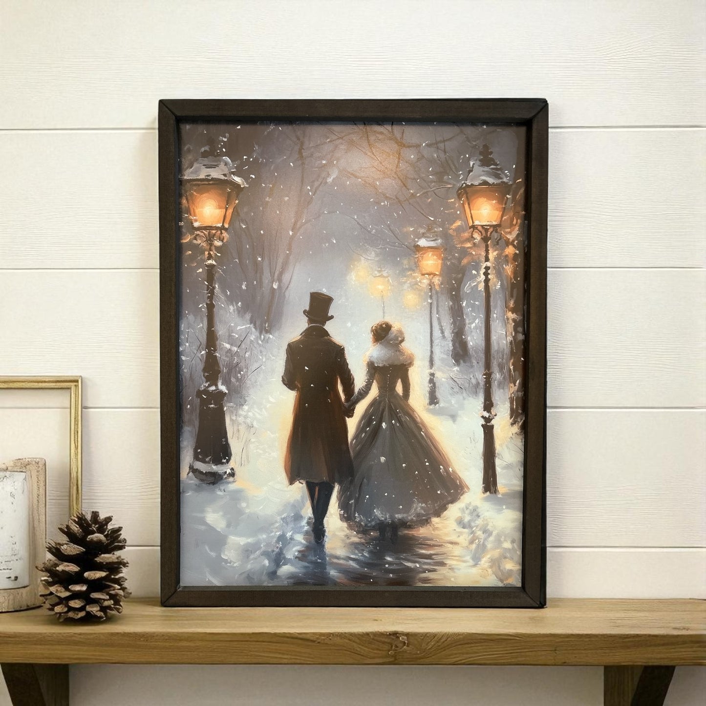 Snowy Romantic Victorian Walk Box Frame Art - 18"x24"