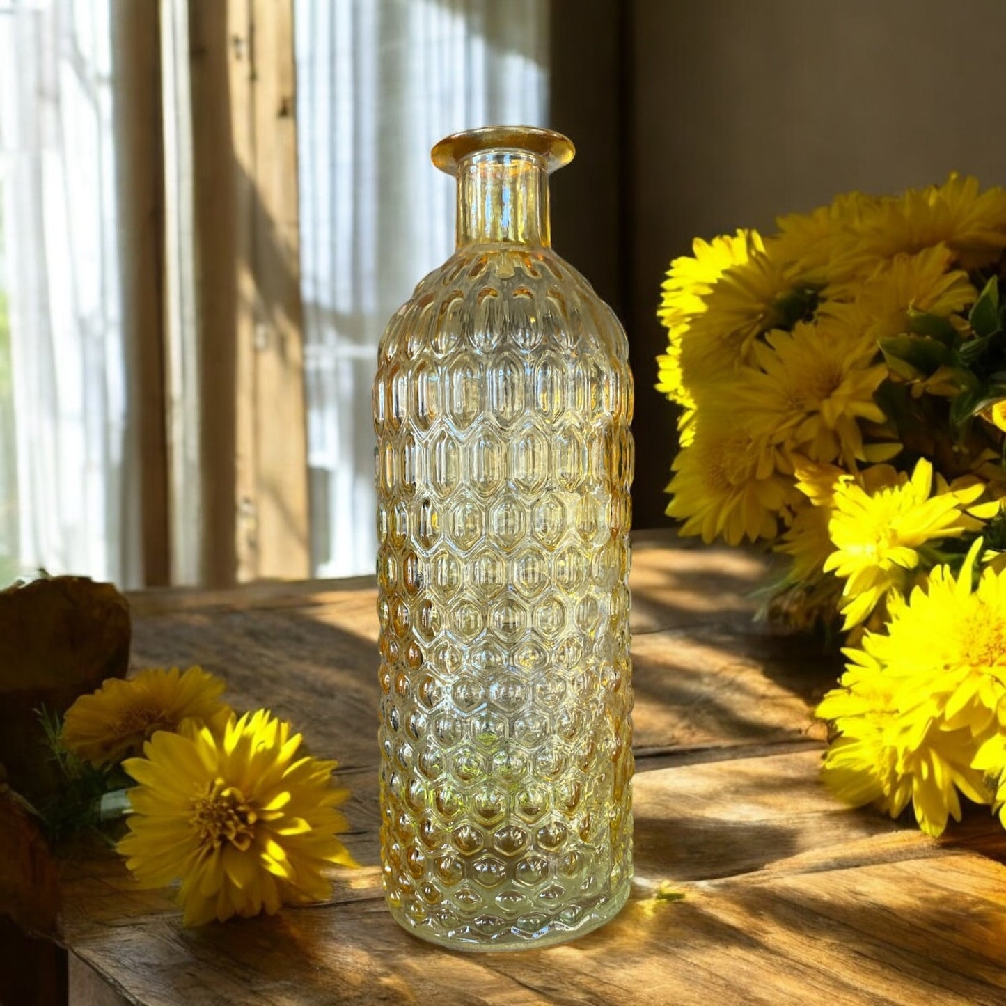 Narrow Mouth Textured Yellow Glass Vase - 8"