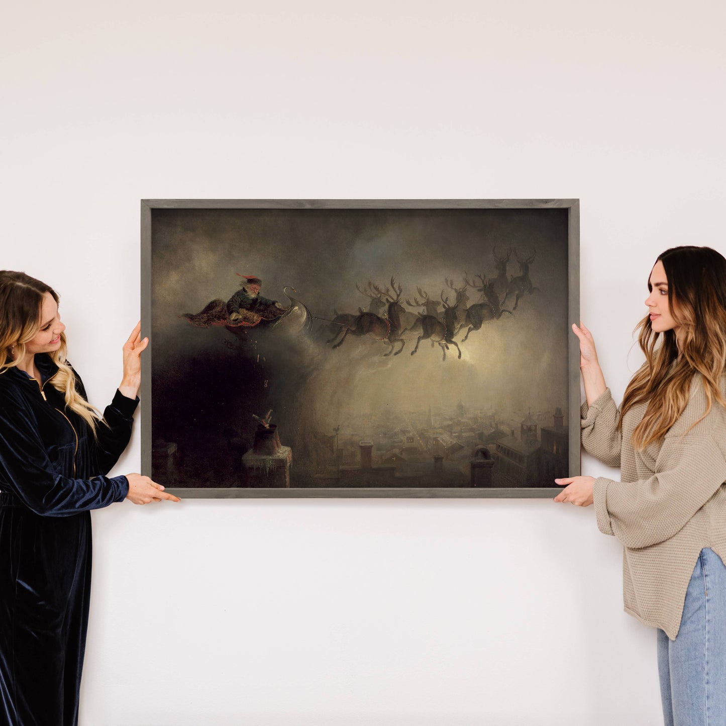 Santa Sleigh on Christmas Night Framed Canvas - 12"x18"