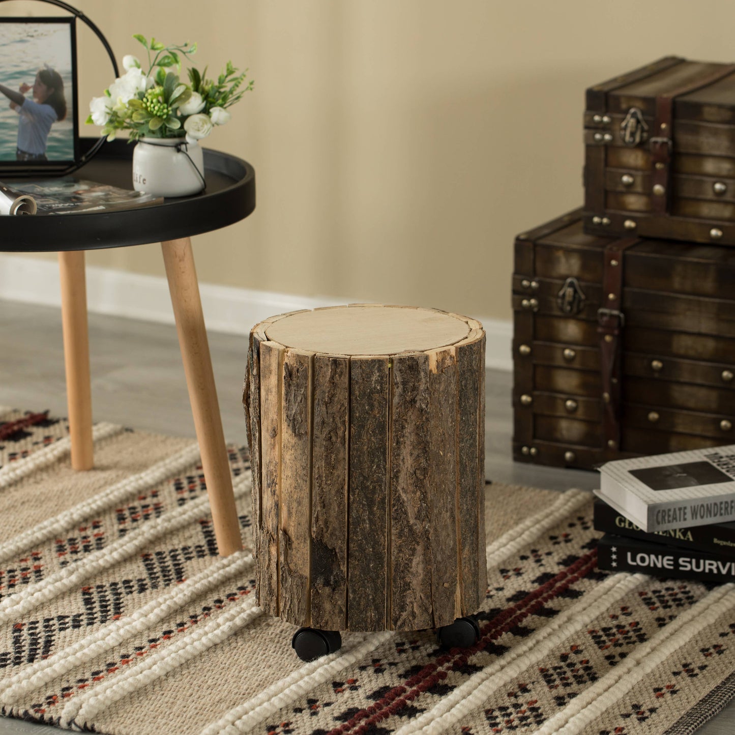 Accent Decorative Natural Wooden Stump Stool With Wheels