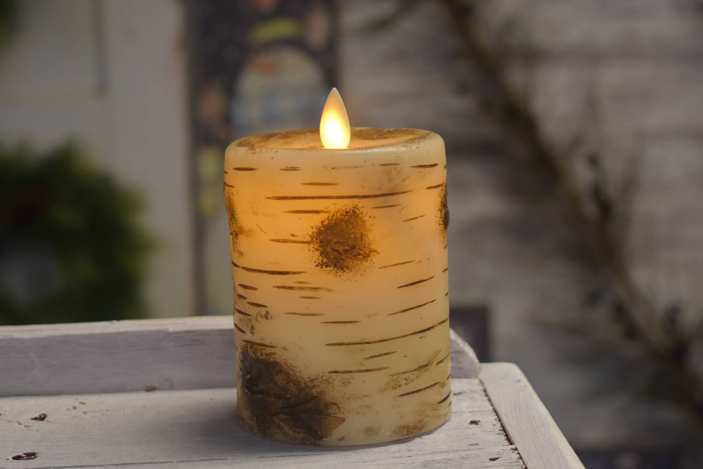 Birch Pillar Candle Moving Flame 3x4in