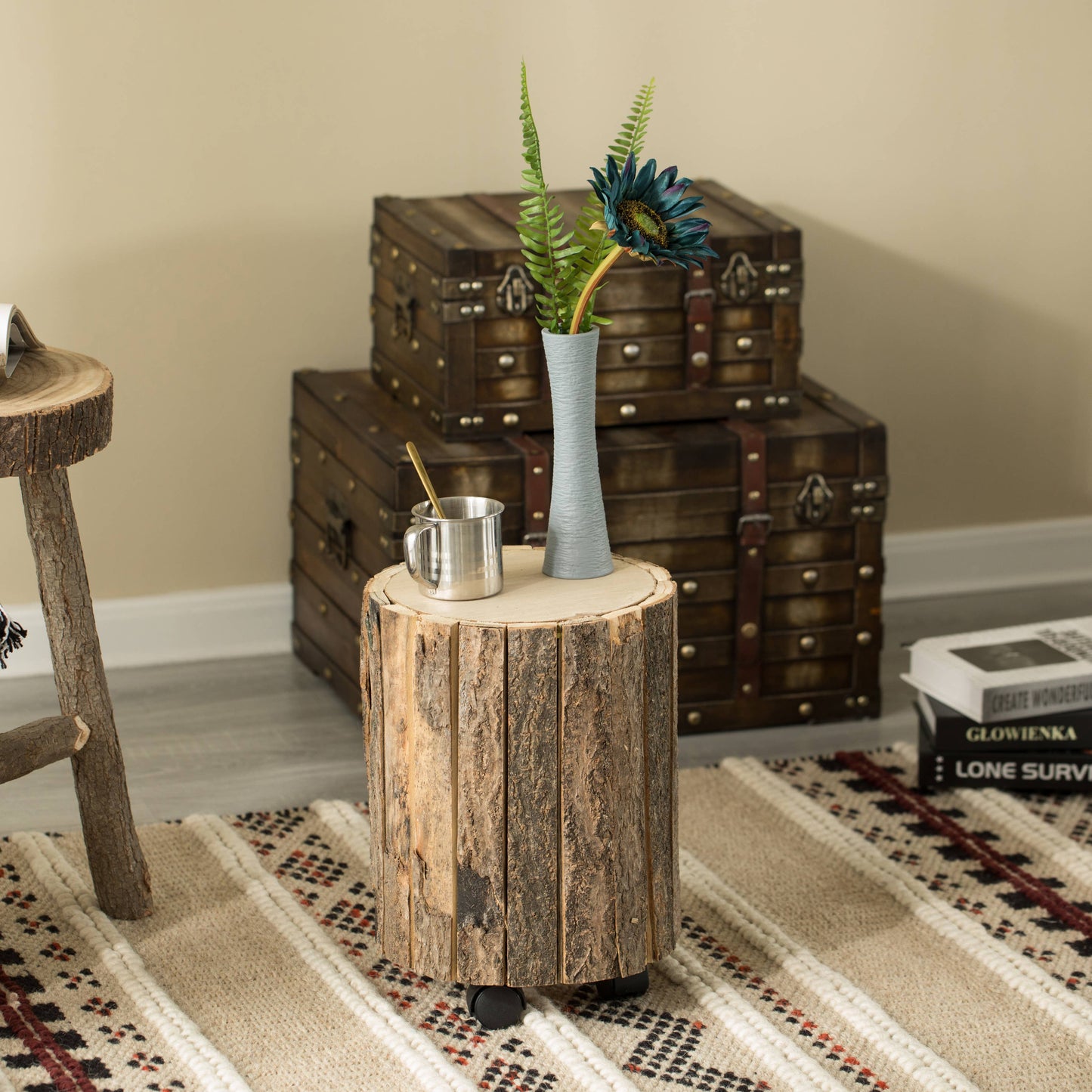 Accent Decorative Natural Wooden Stump Stool With Wheels