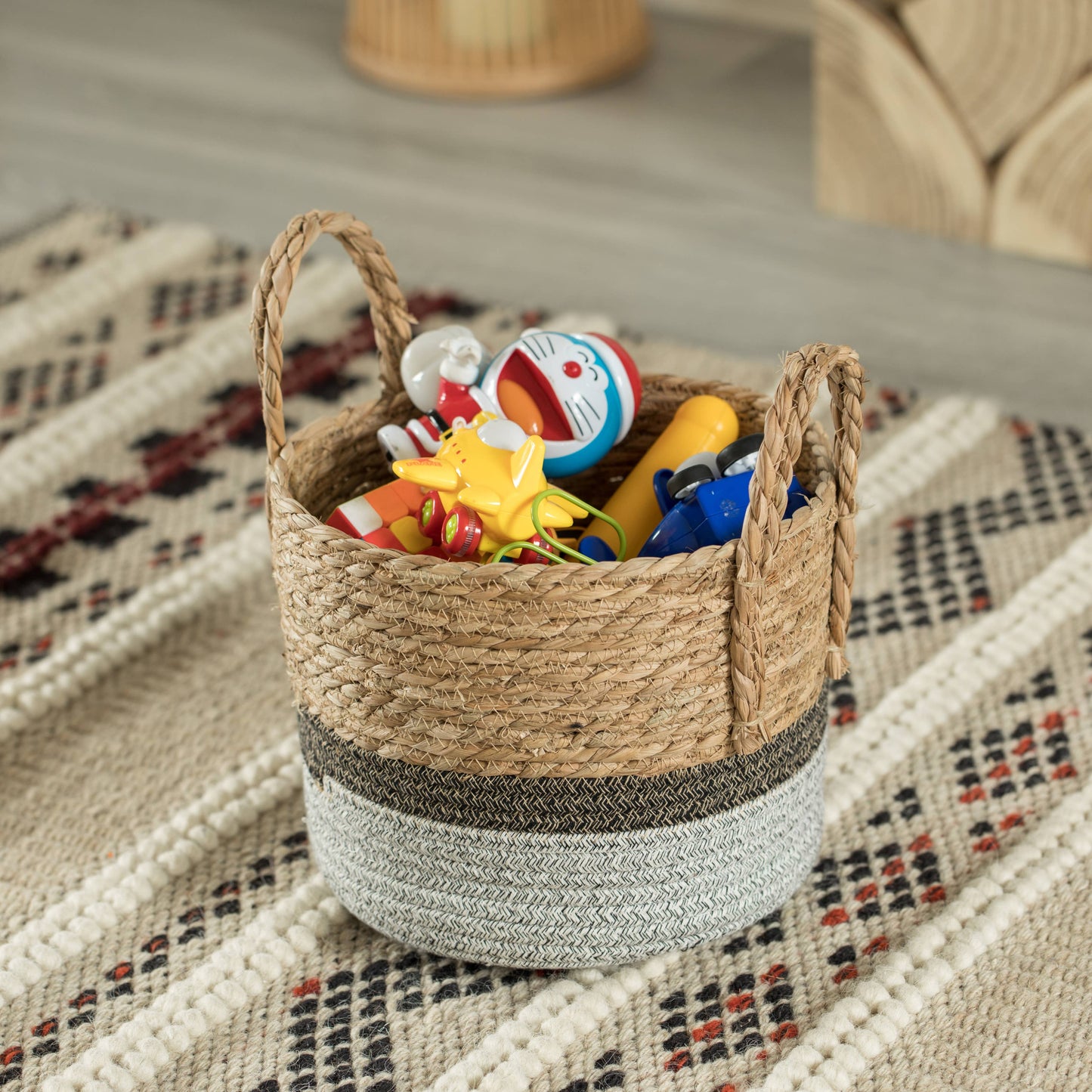 Decorative Round Storage Basket Set of 3 with Woven Handles