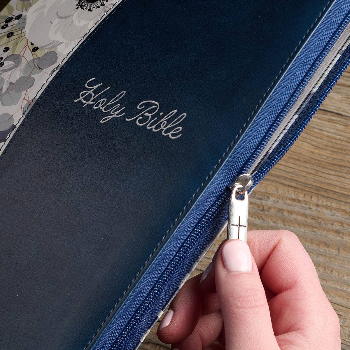 Blue Pearlized Floral Faux Leather King James Bible