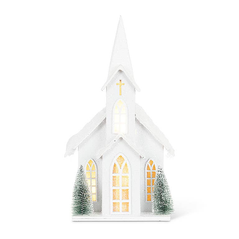 Snowy Tall Church with LED - 4.5" x 5.5"