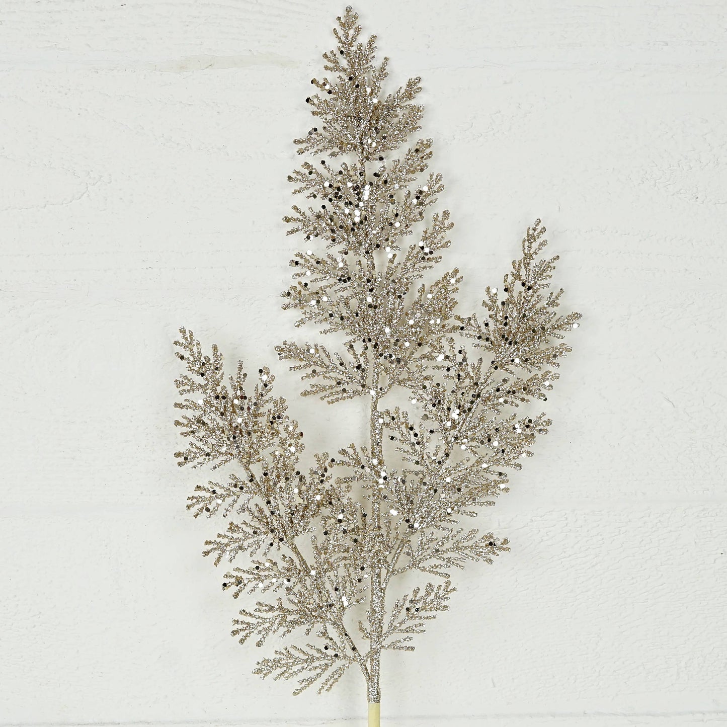 Champagne Glittered Feather Pines Branch- 25"