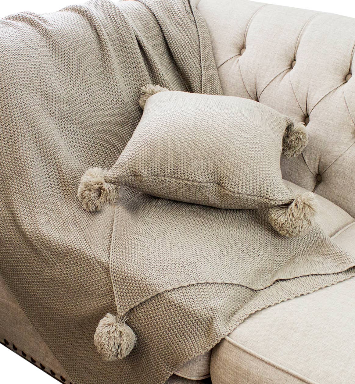 Khaki Chunky Knit Pom Pom Throw Pillow - 16"