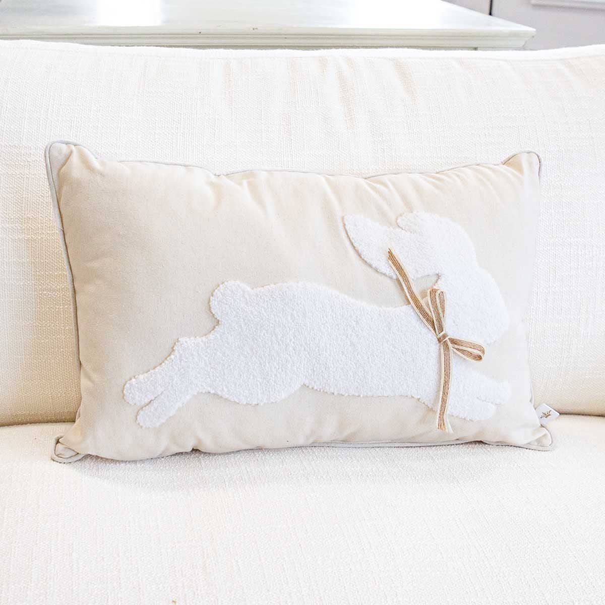 Leaping Bunny Embroidered Lumbar Pillow, Natural - 13"x20"