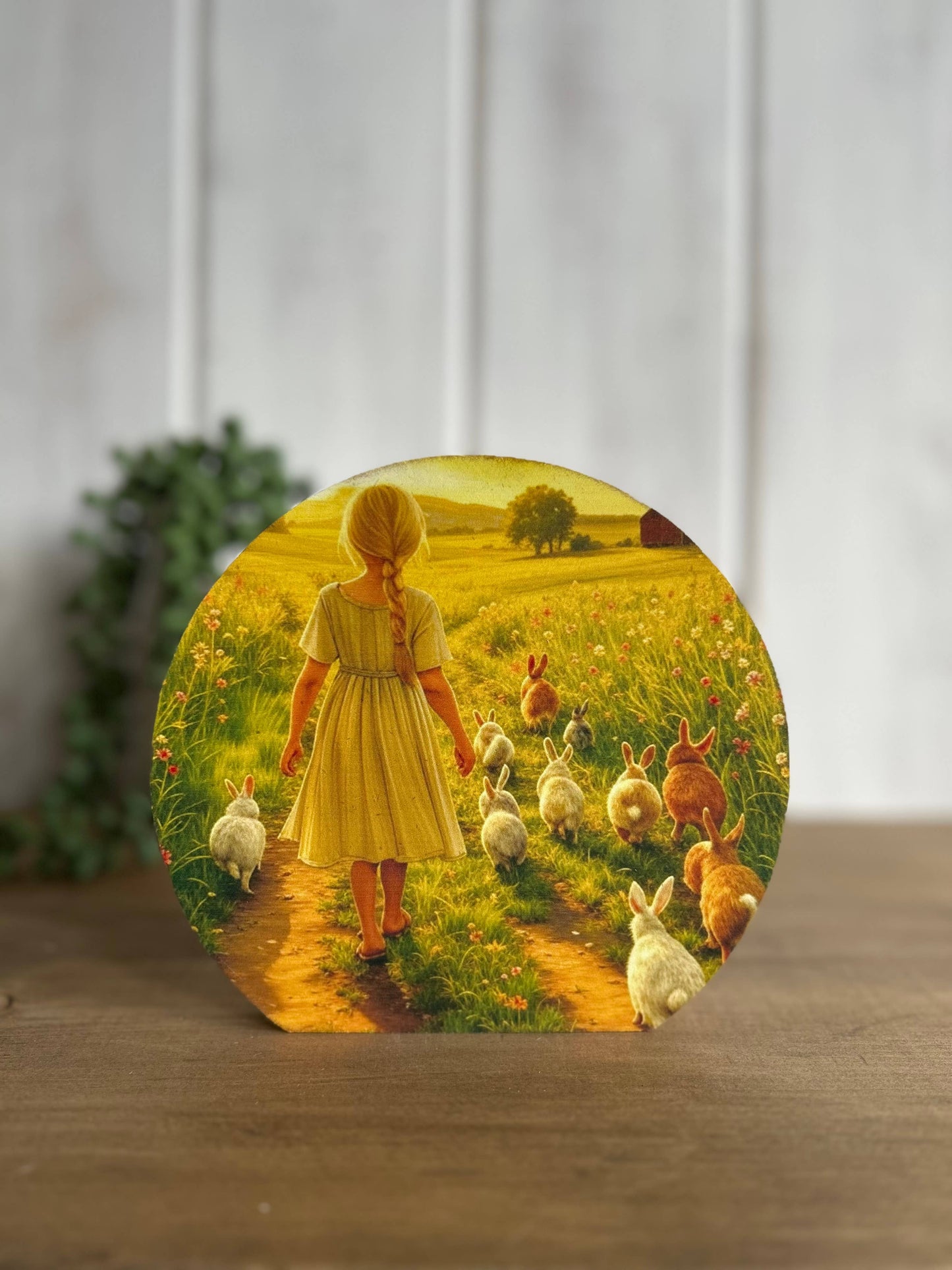 Sunset Bunnies and Girl Walk Wooden Sign - 5.5"