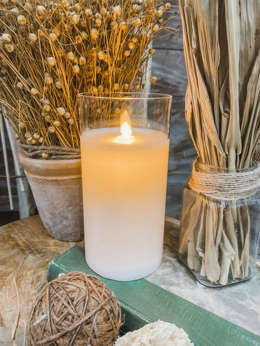 Clear Glass Cylinder Moving Flame LED Candle - 6"