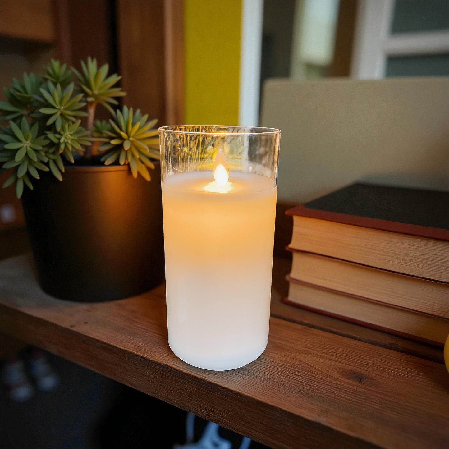 Clear Glass Cylinder Moving Flame LED Candle - 6"