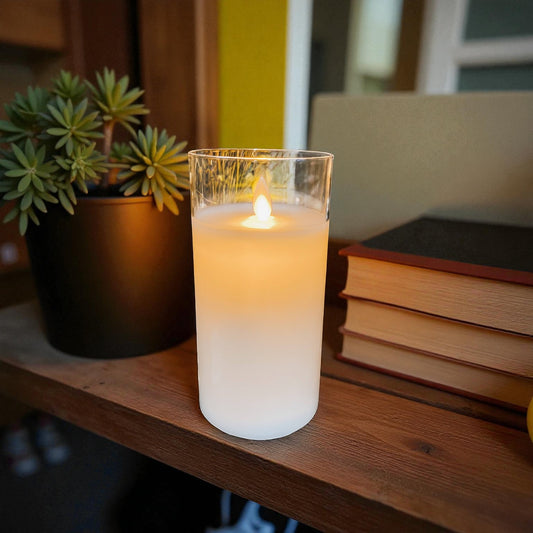 Clear Glass Cylinder Moving Flame LED Candle - 6"