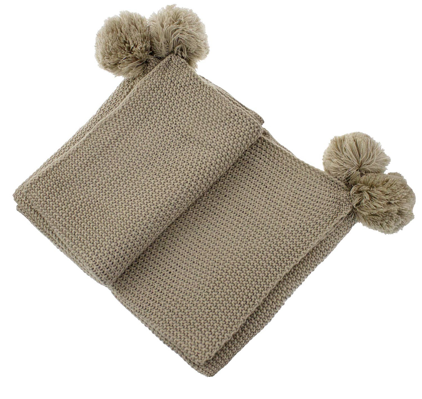 Khaki Chunky Knit Pom Pom Throw Blanket - 50"x60"
