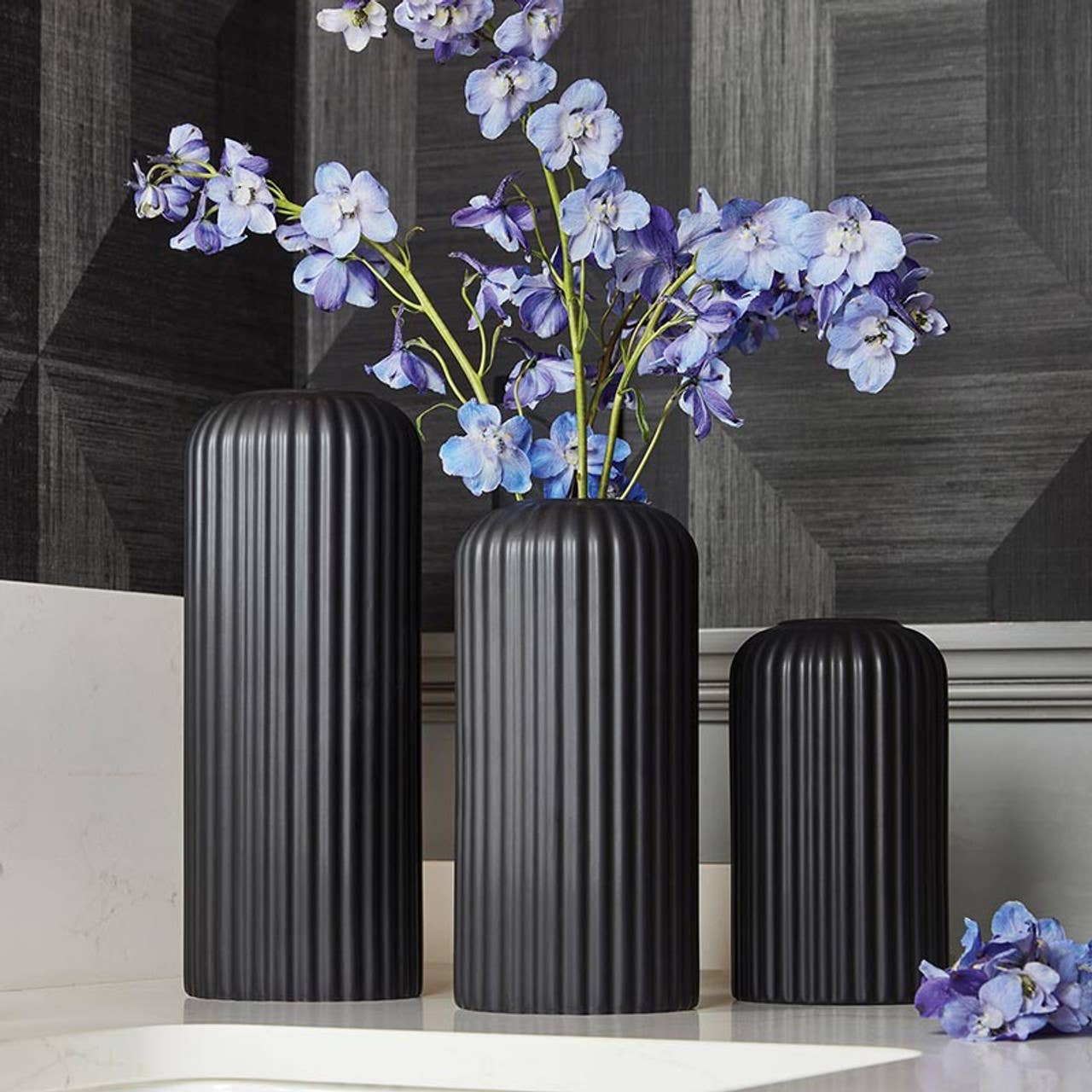 Black Ceramic Ribbed Vases - 3 Sizes