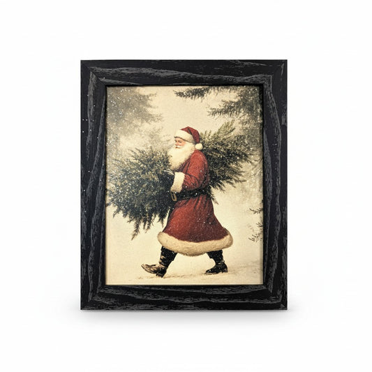 Santa Carrying Tree Vintage Christmas Wall Art - 10"x12"