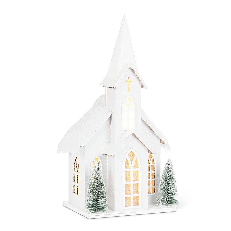 Snowy Tall Church with LED - 4.5" x 5.5"