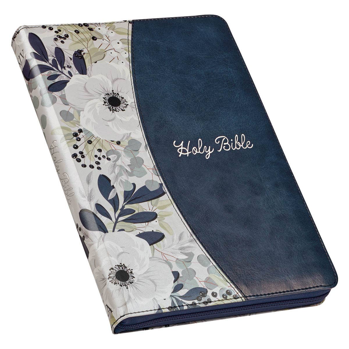 Blue Pearlized Floral Faux Leather King James Bible