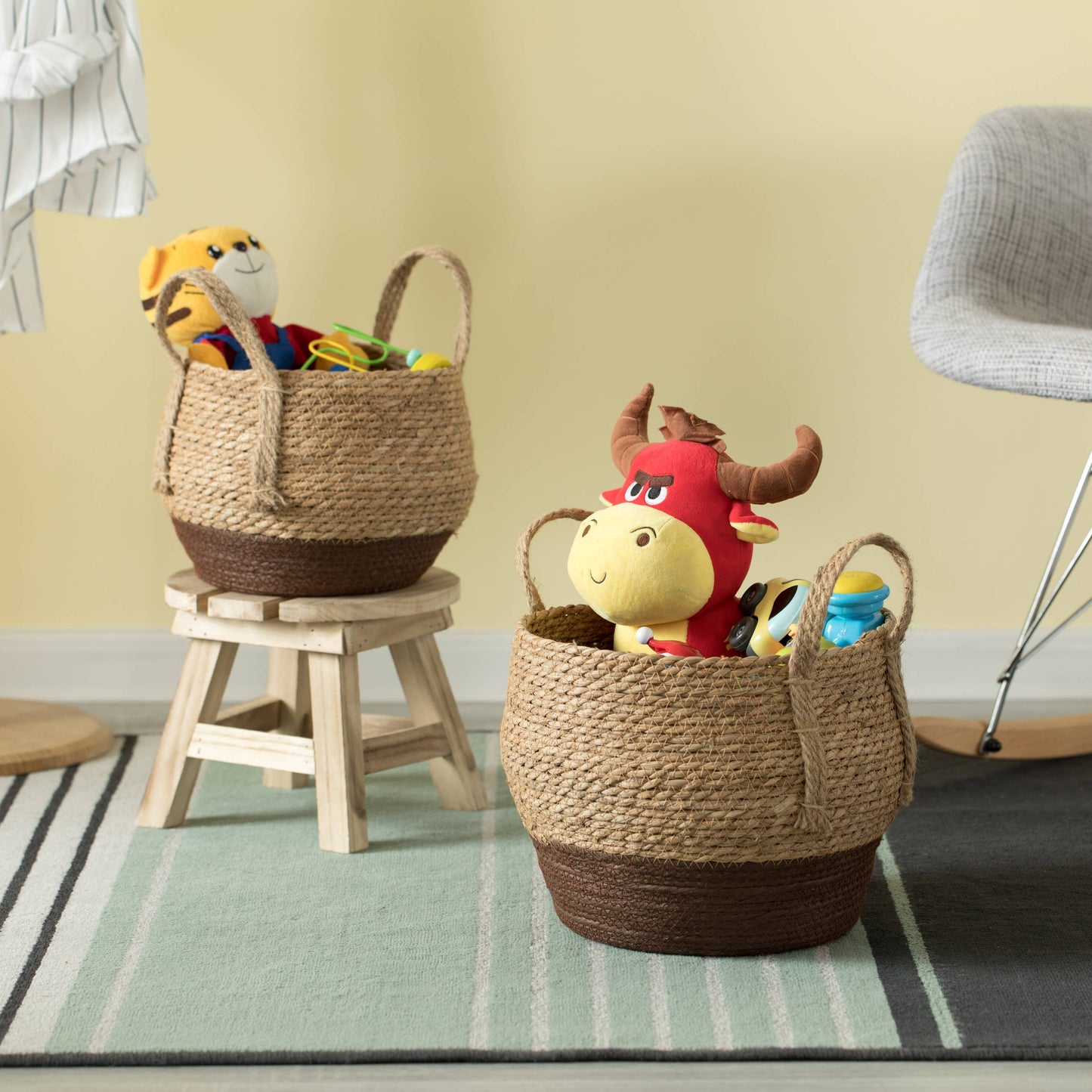 Decorative Round Storage Basket with Woven Handles