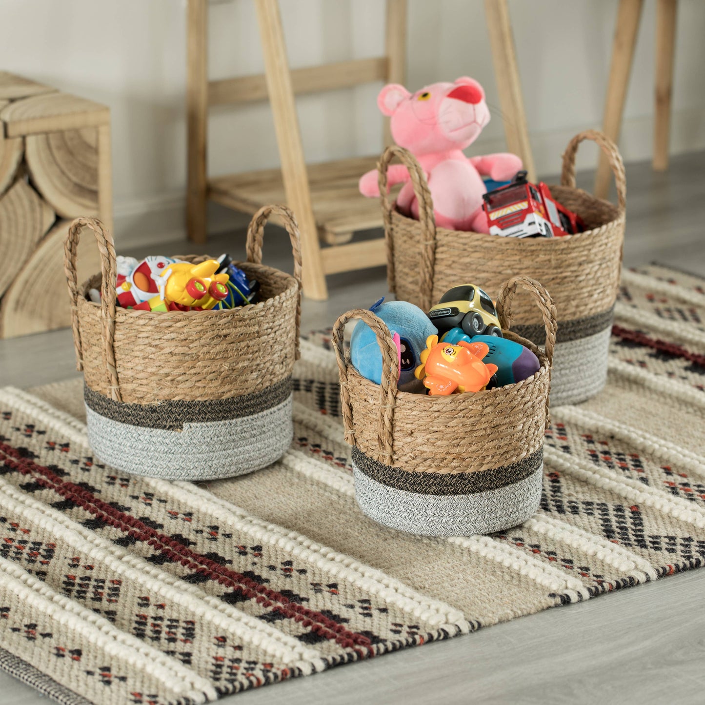 Decorative Round Storage Basket Set of 3 with Woven Handles