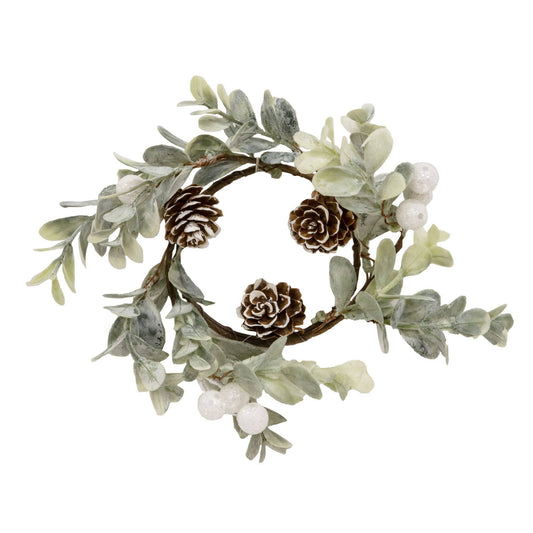 Winter Boxwood, Berries, and Pinecones Candle Ring - 3.5"