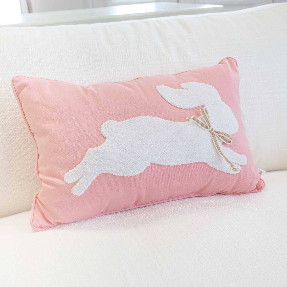 Leaping Bunny Embroidered Pillow, Pink - 13"x20"