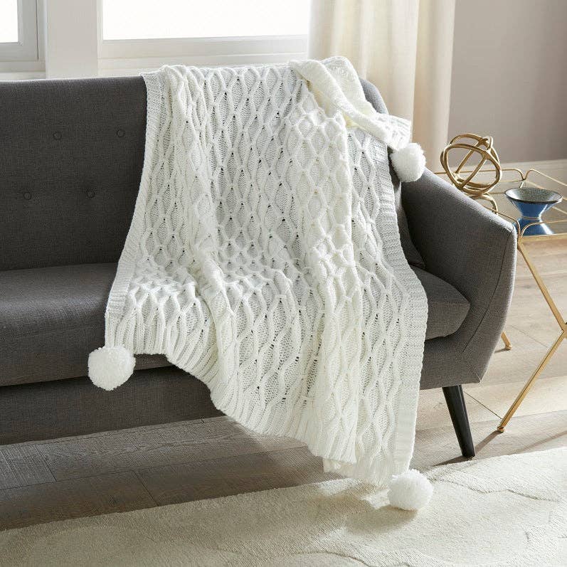 Ivory Pom Pom Sweater Knit Throw - 50" x 60"