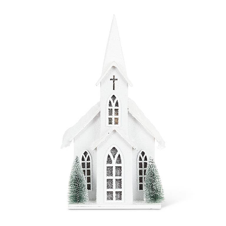 Snowy Tall Church with LED - 4.5" x 5.5"