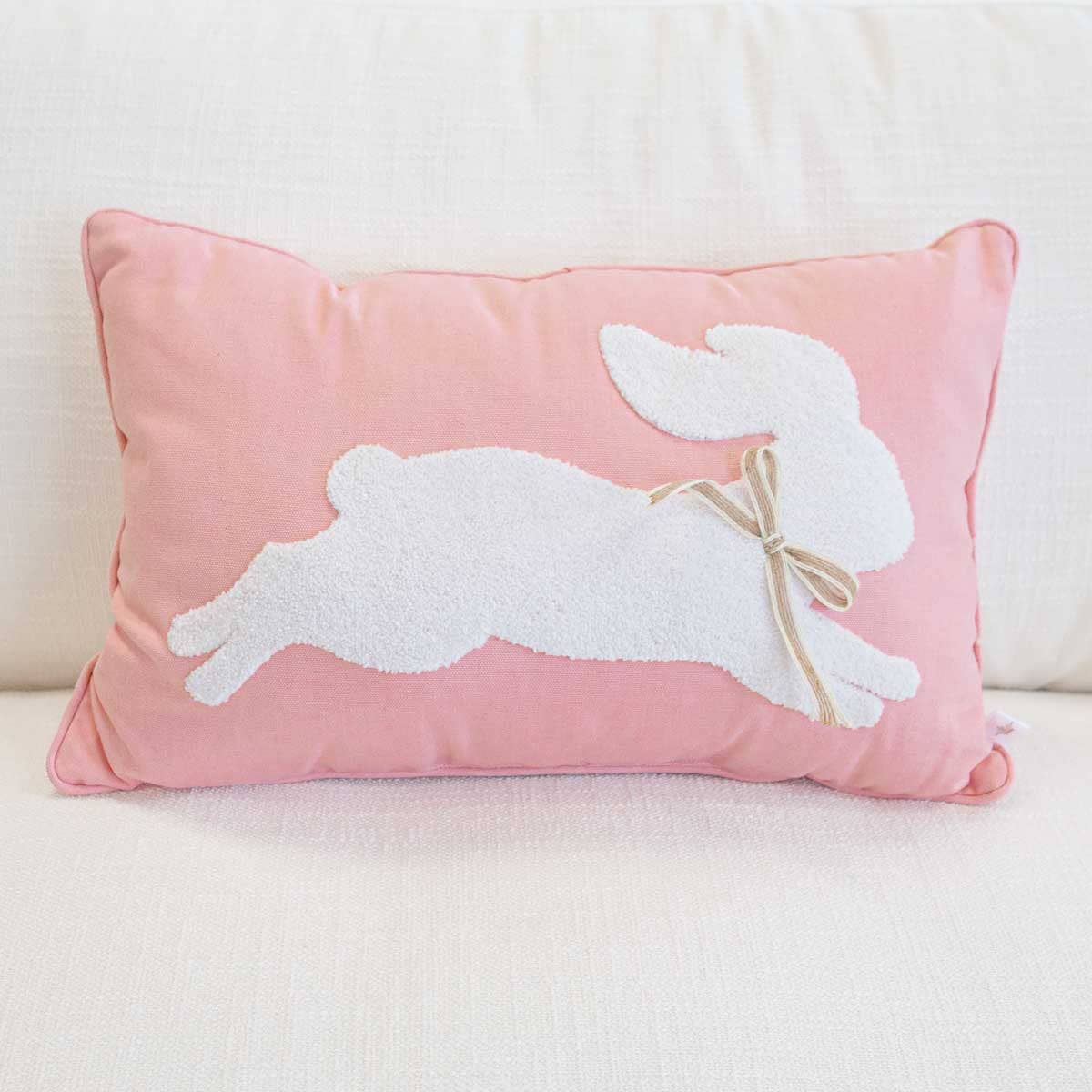 Leaping Bunny Embroidered Pillow, Pink - 13"x20"