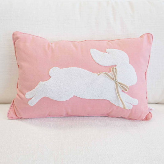 Leaping Bunny Embroidered Pillow, Pink - 13"x20"