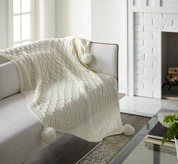 Ivory Pom Pom Sweater Knit Throw - 50" x 60"