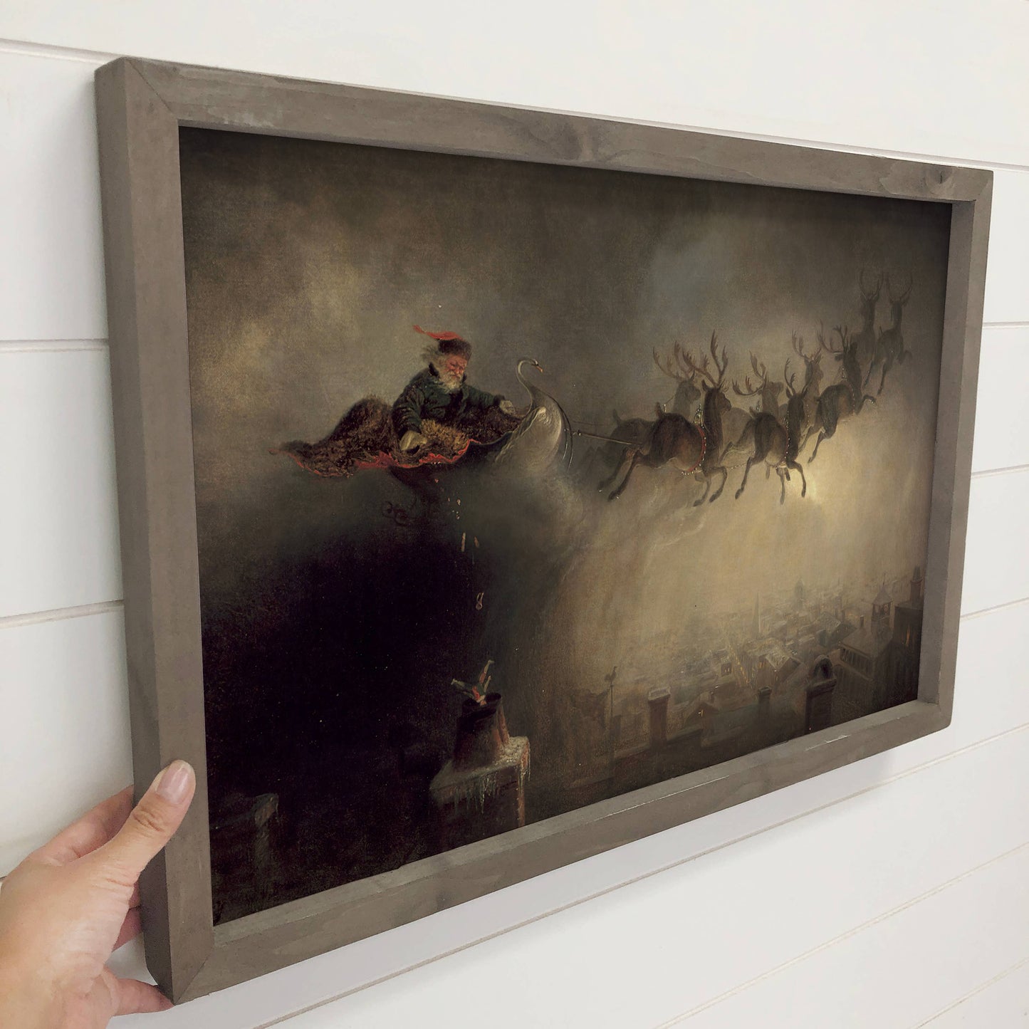 Santa Sleigh on Christmas Night Framed Canvas - 12"x18"