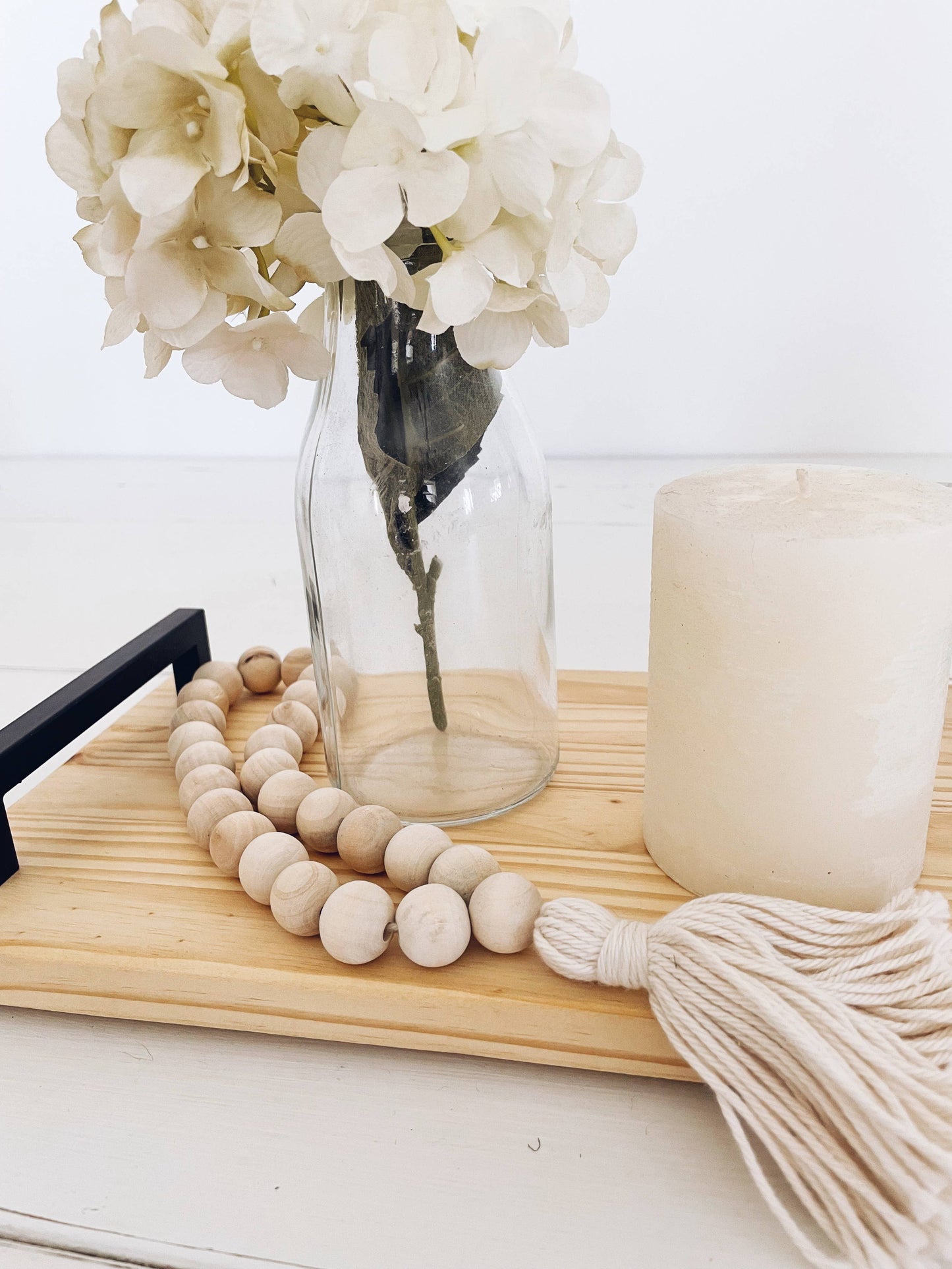 Wood tray with black metal handles