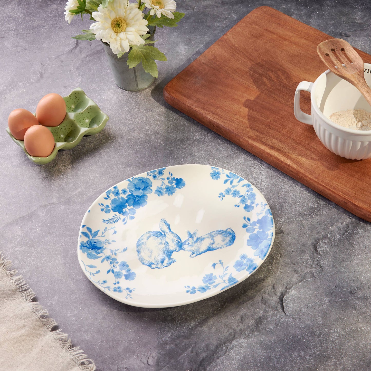 Oval Blue Floral Rabbit Platter - 10.5"