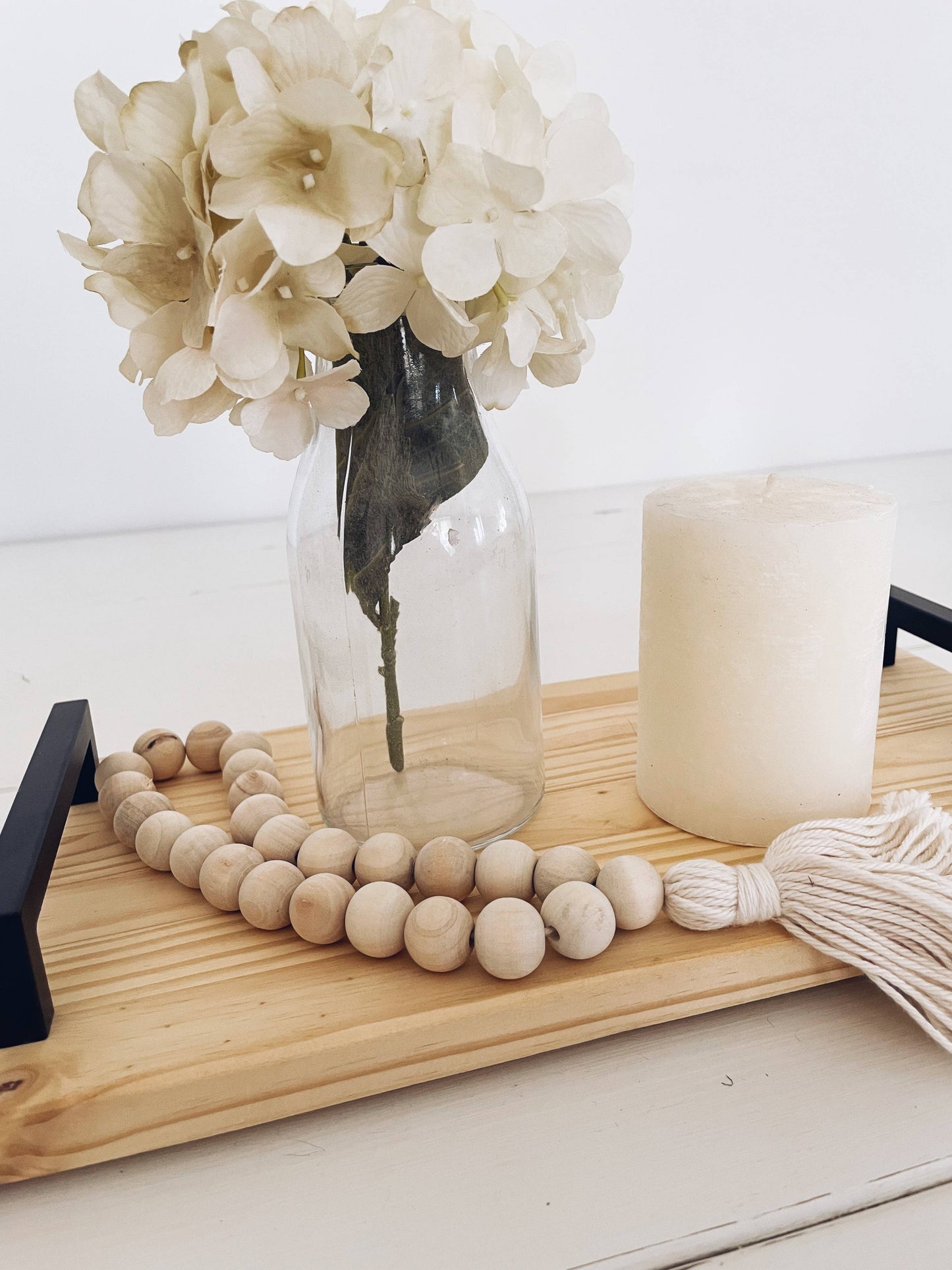 Wood tray with black metal handles